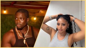 Side-by-side photo collage of VeryDarkMan wearing a sleeveless black top and beaded necklace, and Regina Daniels posing with her hands in her hair while wearing a grey tank top and jewellery.