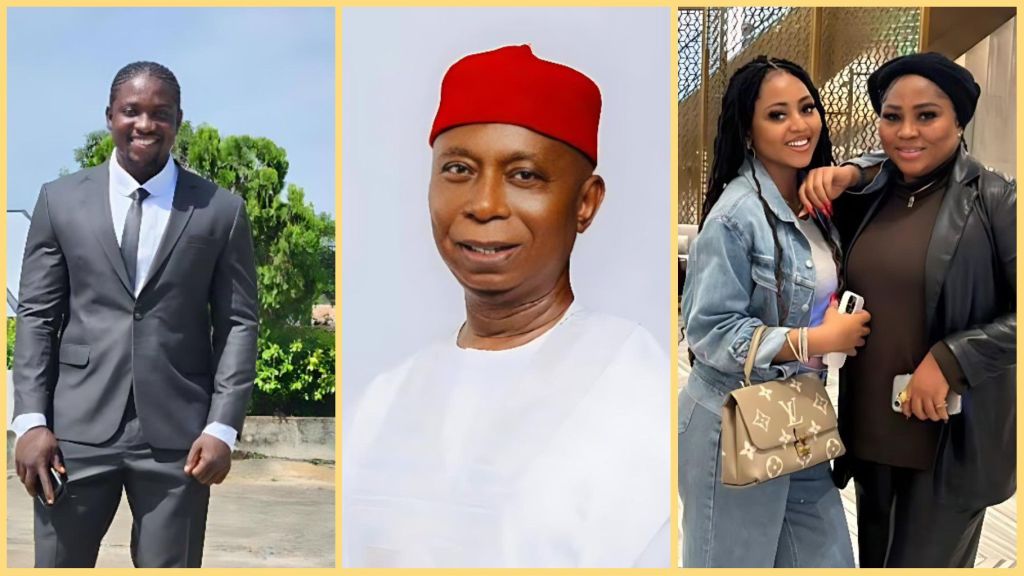 A three-panel collage showing activist VeryDarkMan in a suit, politician Ned Nwoko in traditional attire with a red cap, and actress Regina Daniels posing with her mother Rita Daniels.