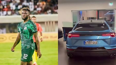 “Side-by-side collage of Super Eagles striker Victor Boniface on a football pitch wearing a green Nigeria jersey, next to a blue Lamborghini Urus parked indoors with its rear lights on and licence plate ‘K BV 444’.”