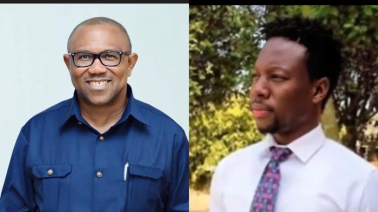 A split image showing Nigerian politician Peter Obi on the left, smiling in a blue shirt, and X user Von Chibuike on the right, dressed in a white shirt and tie while looking to the side outdoors.