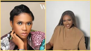 Side-by-side collage of Nigerian singer Waje; left image shows her with short hair, hand on chin in a patterned outfit, while the right image shows her smiling in a beige top with long braided hair against a plain background.