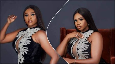 Side-by-side portraits of Nigerian singer Waje wearing a sleeveless black velvet dress with silver floral embroidery, posing against a dark studio background.