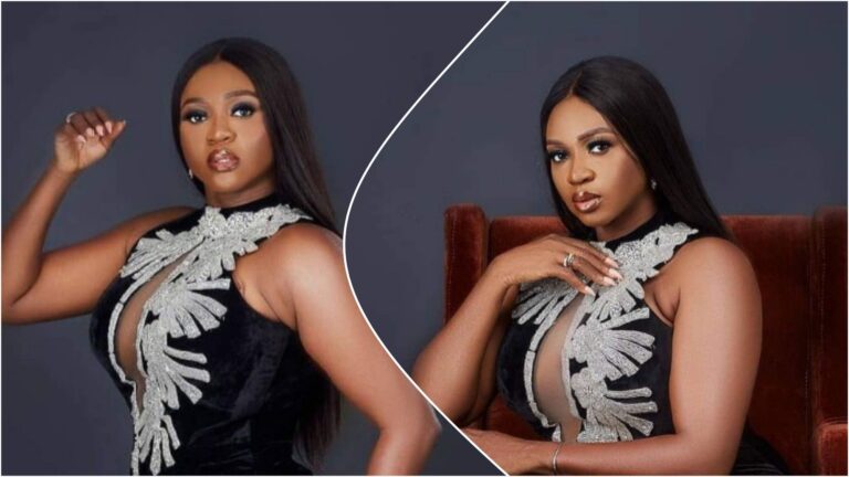 Side-by-side portraits of Nigerian singer Waje wearing a sleeveless black velvet dress with silver floral embroidery, posing against a dark studio background.
