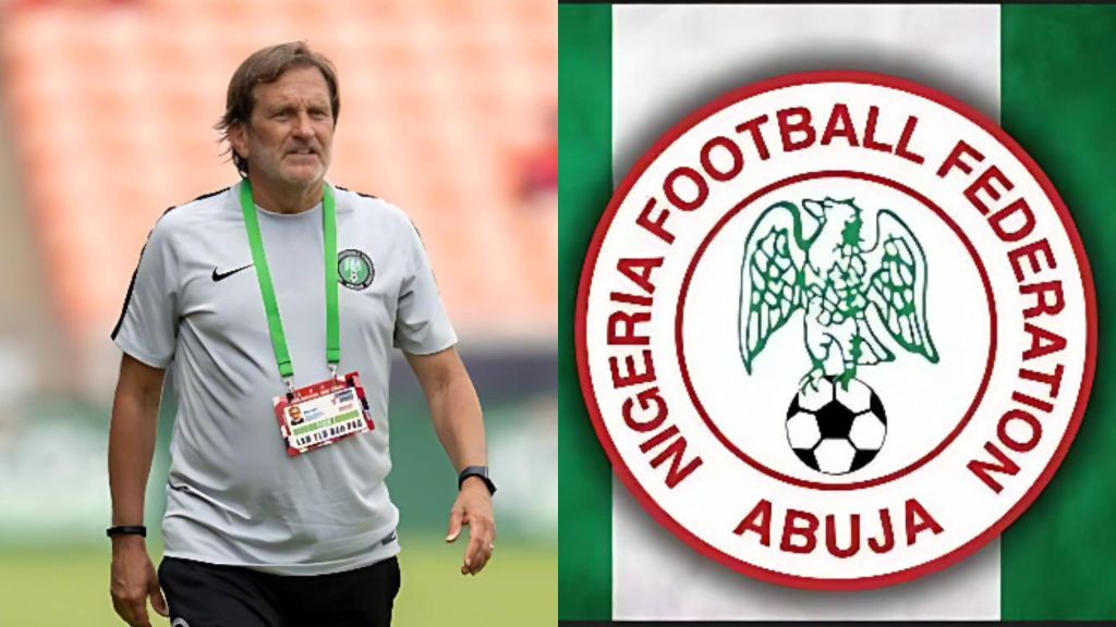 Former Super Falcons coach Randy Waldrum walks on the pitch wearing a grey training shirt, shown beside the official crest of the Nigeria Football Federation on a green-and-white background.