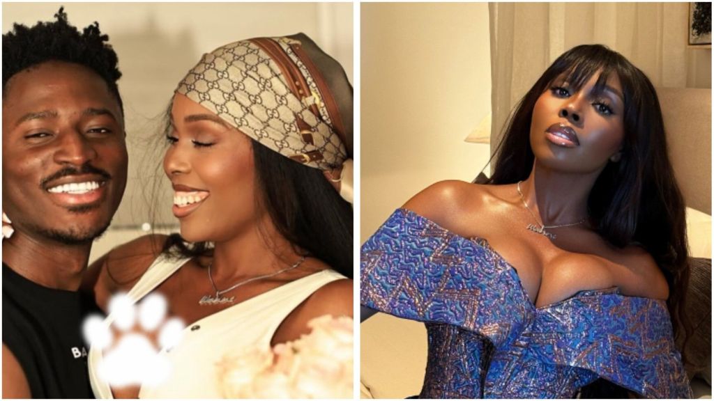 Wanneka smiles as she poses closely with her husband Mustapha in a cosy indoor setting; in the second photo, Wanneka sits alone in a blue off-shoulder outfit, looking at the camera.