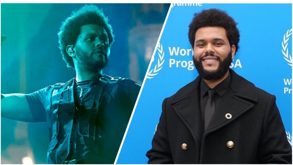 Side-by-side collage of The Weeknd performing on stage under teal lighting (left) and posing in a black coat at a World Food Programme event (right), smiling against a blue backdrop.