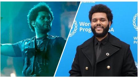 Side-by-side collage of The Weeknd performing on stage under teal lighting (left) and posing in a black coat at a World Food Programme event (right), smiling against a blue backdrop.