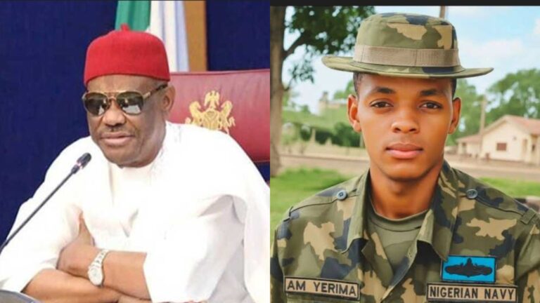 Side-by-side photo showing Minister Nyesom Wike speaking at a podium on the left, and a young Nigerian Navy officer in uniform, identified by a name patch reading “A.M. Yerima”, on the right.