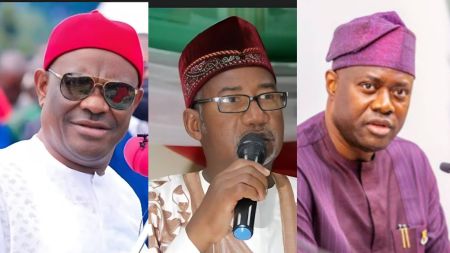 A split image featuring three Nigerian political figures: Nyesom Wike wearing a red cap and sunglasses, Bala Mohammed speaking into a microphone while wearing a red traditional cap, and Seyi Makinde dressed in a purple agbada and cap during a public address.