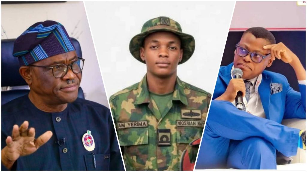 Photo collage showing Nyesom Wike, Nigerian naval officer Lt. A.M. Yerima, and journalist Rufai Oseni — the trio at the centre of a viral exchange that drew national attention.