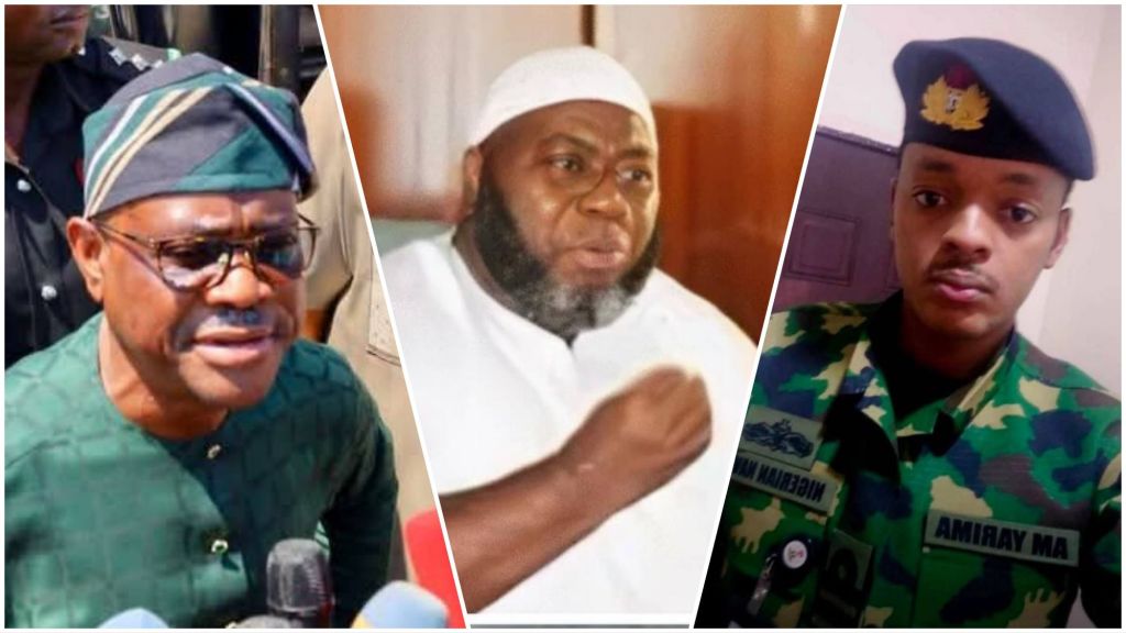 A three-panel collage showing Nyesom Wike speaking to the press on the left, Asari Dokubo gesturing during a meeting in the center, and a Nigerian Navy officer identified as AM Yerima in uniform on the right.