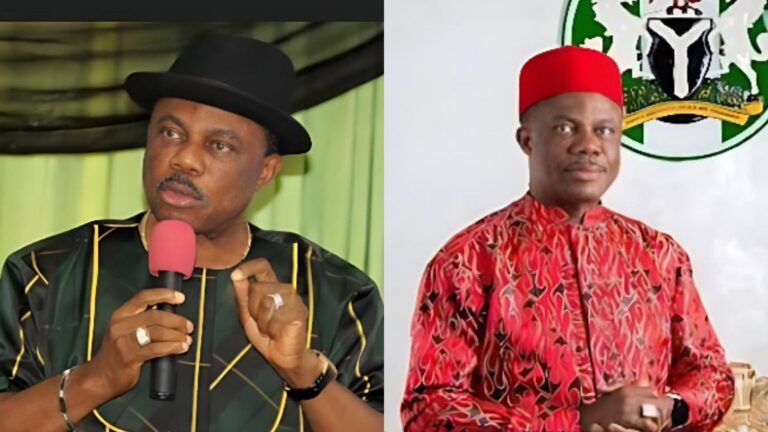 A side-by-side collage showing former Anambra State Governor Willie Obiano. The left photo shows him speaking into a microphone while wearing a black hat and patterned outfit. The right photo shows him in a red traditional outfit standing in front of the Anambra State emblem.