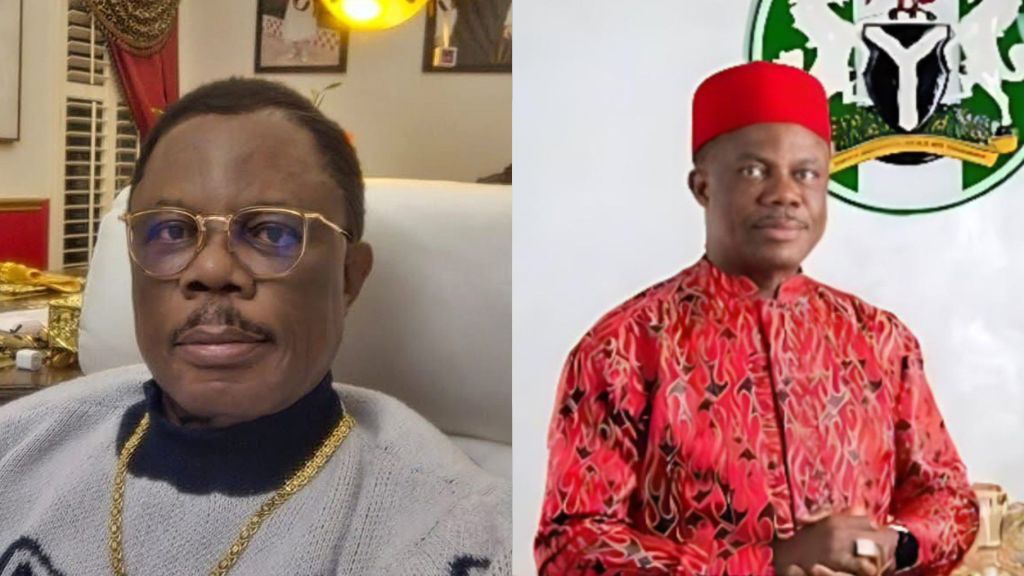 Side-by-side photos of former Anambra State governor Willie Obiano. The left image shows him wearing glasses and a grey sweater indoors, while the right image shows him in traditional red attire standing before a government emblem.