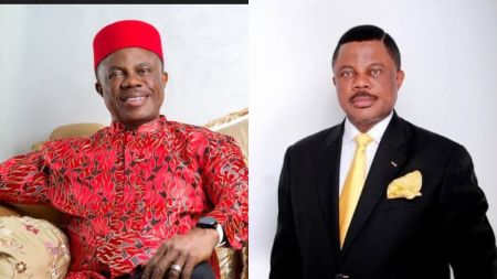 Side-by-side photos of Willie Obiano, the former Governor of Anambra State. The left image shows him seated and smiling in a red patterned Igbo attire with a red cap. The right image shows him posing in a black suit with a yellow tie and pocket square