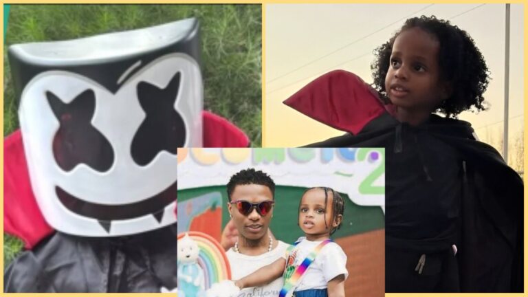 A collage showing Wizkid’s son AJ in a black vampire cape with a red inner lining, wearing a cartoon-style mask in one frame and showing his face with curly hair in another. The centre image features Wizkid holding AJ at a colourful outdoor event.