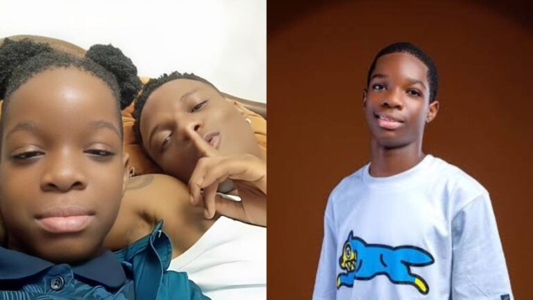A collage showing Wizkid lying beside his young child on the left, both looking into the camera, and his older son Champz standing and smiling in a separate portrait on the right.