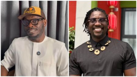 Side-by-side photos showing two Nigerian men — Mr. Jollof wearing a cap and glasses in a white outfit on the left, and VeryDarkMan smiling in a black shirt with a beaded necklace on the right.