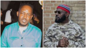 Side-by-side photos showing Nigerian rappers MI Abaga on the left in a teal shirt at an event, and Odumodublvck on the right wearing sunglasses, a red knitted cap and a camo sweatshirt while standing against a brick wall.