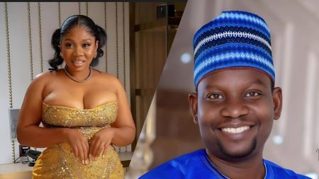 Split-screen image showing actress Wumi Toriola wearing a gold strapless gown on the left, and actor Afeez Owo smiling in a blue traditional outfit and cap on the right.