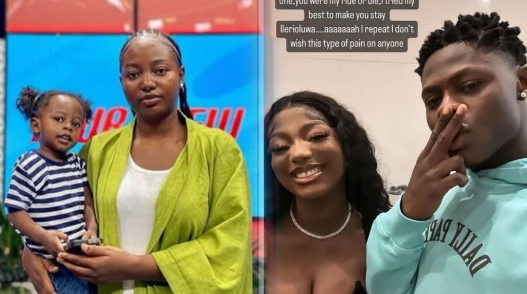 A split image showing Mohbad’s wife, Wunmi, holding their young son on the left, and another photo on the right of Mohbad and Wunmi smiling together. The left side features Wunmi in a green jacket carrying their child, while the right side shows the couple posing closely for the camera