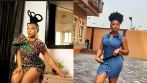 Side-by-side photos of singer Yemi Alade; the left image shows her wearing a colourful patterned outfit with sculpted braided hair styled into loops, while the right image shows her in a fitted blue denim dress standing outdoors.