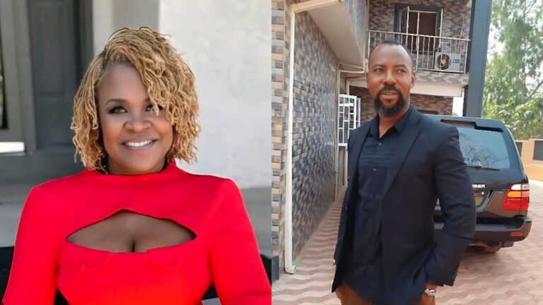 Side-by-side photo showing Yinka Theisen smiling in a bright red dress on the left, and Linc Edochie standing outdoors in a black suit beside a parked SUV on the right.