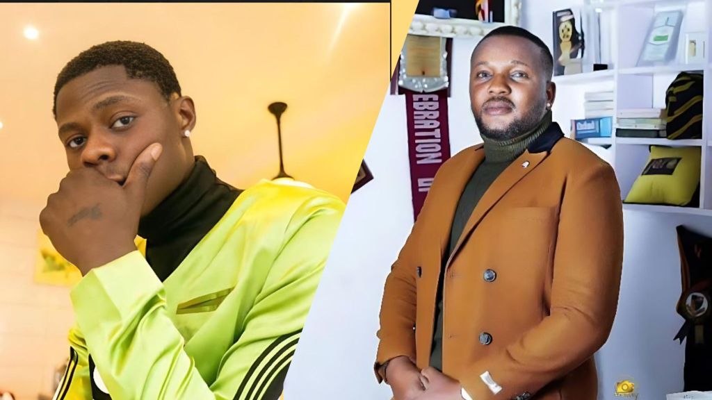 Side-by-side photo showing late singer Mohbad on the left, wearing a bright green jacket and resting his hand on his chin, and actor Yomi Fabiyi on the right, dressed in a brown suit jacket while standing in front of a shelf with books and décor.