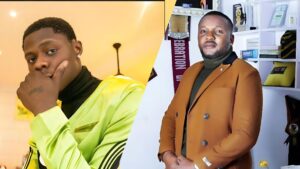 Side-by-side photo showing late singer Mohbad on the left, wearing a bright green jacket and resting his hand on his chin, and actor Yomi Fabiyi on the right, dressed in a brown suit jacket while standing in front of a shelf with books and décor.