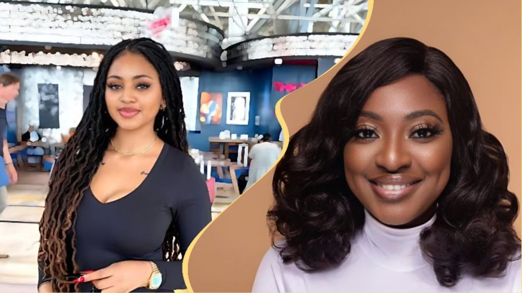 Side-by-side photo of Nigerian actresses Regina Daniels (left, in a black long-sleeve top with long faux locs, standing in a restaurant) and Yvonne Jegede (right, in a white turtleneck, smiling against a plain background).