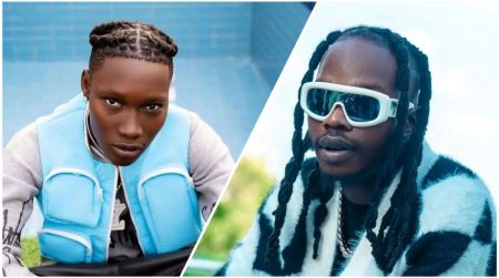 Side-by-side photo of Nigerian singer Zinoleesky on the left wearing a blue padded vest, and Naira Marley on the right wearing white sunglasses and a black-and-white outfit.
