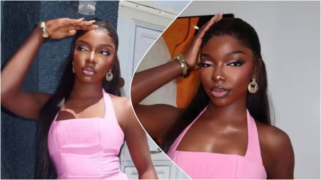 Two side-by-side photos of BBNaija’s Zita posing in a pink halter dress, wearing gold hoop earrings and a bracelet, with her hand raised to her forehead in a salute-like pose.
