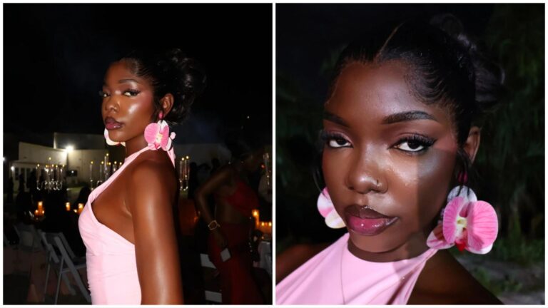 A young woman with deep brown skin poses at an evening outdoor event, wearing a fitted pink halter dress and large pink floral earrings. Her makeup is bold with glossy lips and defined lashes. The background shows dim lights, candles, and other guests, while the second close-up image highlights her face and accessories.