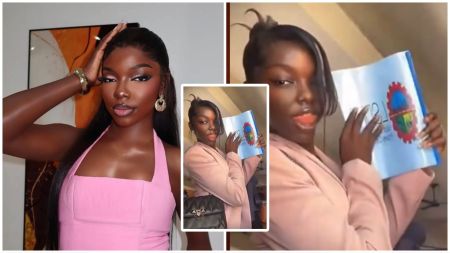 Collage showing BBNaija housemate Zita posing confidently in a pink outfit and holding her UNILAG project file while dressed in a light pink blazer, smiling at the camera.