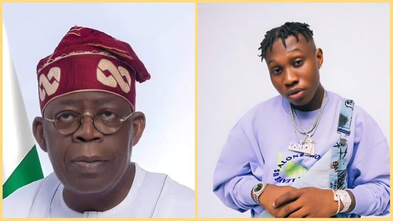 Side-by-side photo collage showing Nigerian President Bola Ahmed Tinubu on the left wearing a traditional cap and glasses, and rapper Zlatan Ibile on the right wearing a purple sweatshirt with jewellery, posing against a plain background.