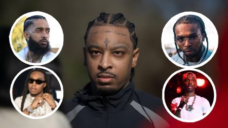 Composite image featuring a central portrait of rapper 21 Savage, surrounded by four circular inset portraits of deceased rappers (clockwise from top left): Nipsey Hussle, Pop Smoke, Young Dolph, and Takeoff.