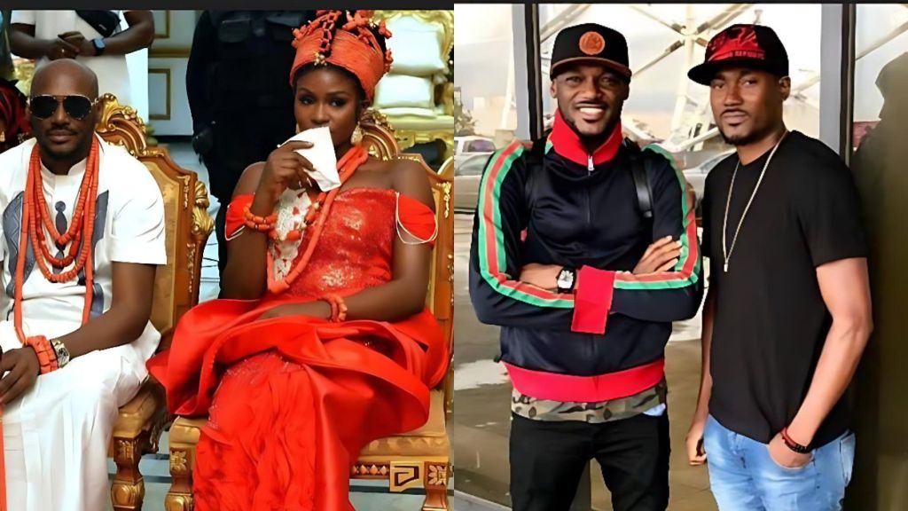 “Side-by-side photo showing 2Baba and Annie Idibia dressed in traditional attire at an event, and a second photo of 2Baba standing with his brother Hyacinth Idibia in casual outfits.”
