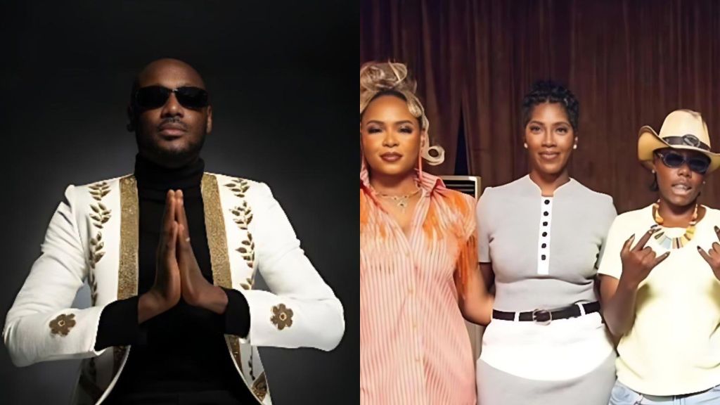 Singer 2Baba poses in a white and gold jacket with hands clasped, alongside a second photo showing four female music colleagues standing together in coordinated outfits.