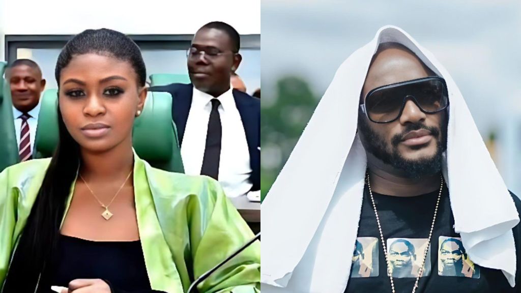 Side-by-side photo showing Natasha Osawaru seated indoors in formal attire, and 2Baba standing outdoors wearing dark sunglasses and a white cloth draped over his head.