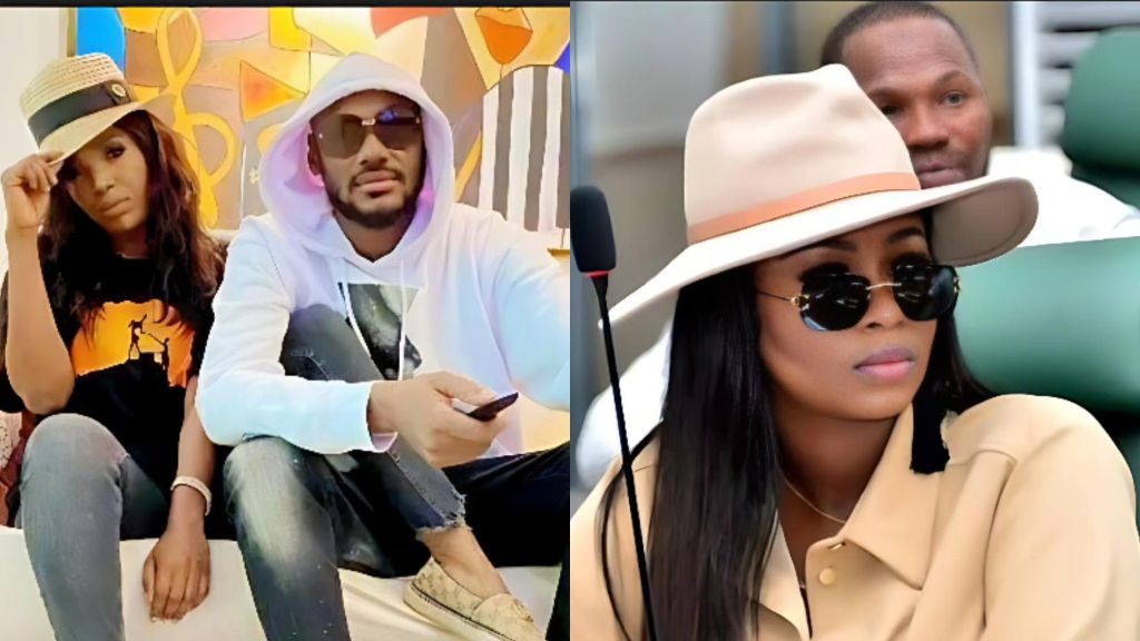 Side-by-side collage showing 2Baba seated with Annie Idibia on the left, both wearing casual outfits and hats, and Natasha Osawaru on the right wearing sunglasses and a wide-brimmed hat during an official appearance.