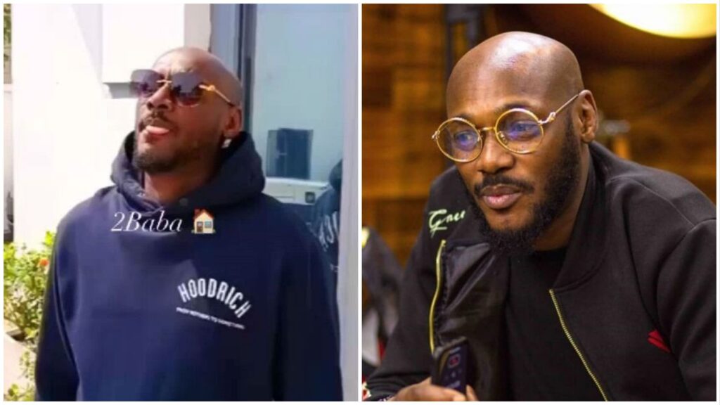 Side-by-side photos of Nigerian singer 2Baba; the left image shows him outdoors wearing sunglasses and a navy hoodie, while the right image shows him indoors wearing round glasses and a black jacket.