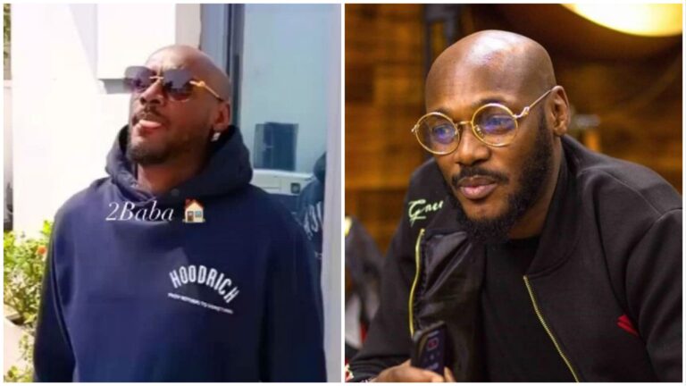 Side-by-side photos of Nigerian singer 2Baba; the left image shows him outdoors wearing sunglasses and a navy hoodie, while the right image shows him indoors wearing round glasses and a black jacket.