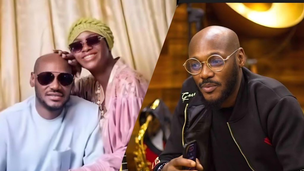 A split image showing Nigerian singer 2Baba seated beside Natasha Idibia, both wearing sunglasses and smiling, while the right side shows 2Baba alone in a studio setting wearing round glasses and a black jacket.