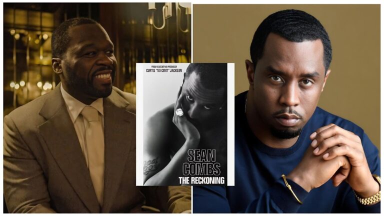 A split-screen image advertising the Netflix docuseries, Sean Combs: The Reckoning. On the left is rapper Curtis "50 Cent" Jackson, one of the executive producers, in a suit, smiling slightly. On the right is music mogul Sean "Diddy" Combs, looking directly at the camera. Centered over the middle is the black-and-white promotional poster for the documentary.