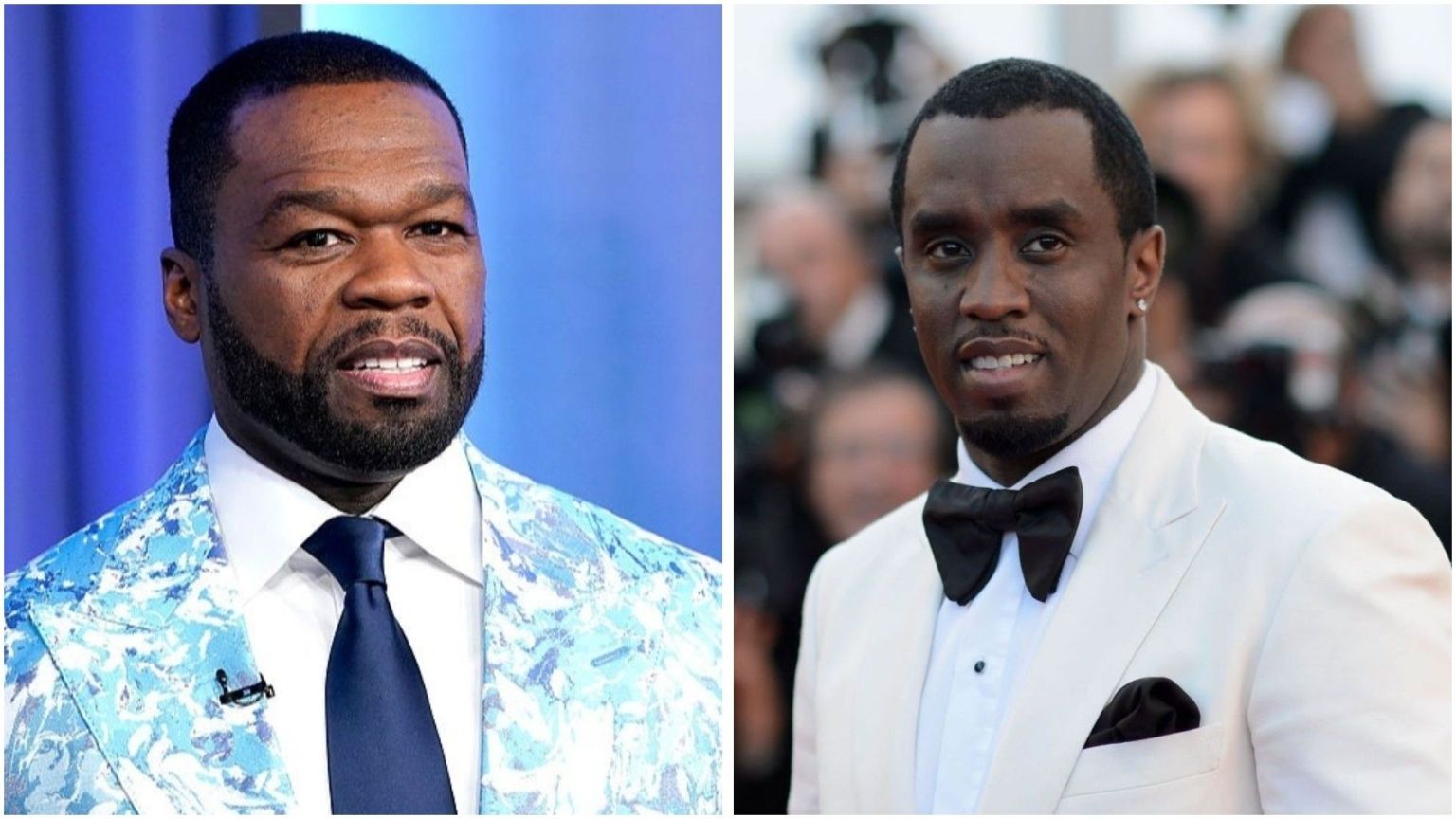 A split image showing rapper 50 Cent (left) in a patterned suit and rapper/mogul Diddy (right) in a white tuxedo with a bow tie.