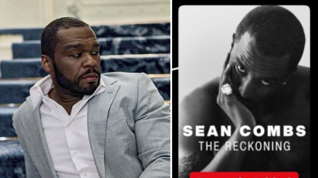 Side-by-side image showing 50 Cent seated in a grey suit looking to his left, beside a black-and-white promotional poster for the Netflix documentary Sean Combs: The Reckoning featuring Diddy resting his face on his hand.