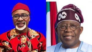 A side-by-side portrait comparison of two Nigerian politicians: on the left, Senator Enyinnaya Abaribe wearing a red traditional cap and colorful red patterned outfit against a blue background; on the right, President Bola Ahmed Tinubu in traditional attire with a maroon cap featuring white embroidery, light blue outfit, standing in front of the Nigerian flag.