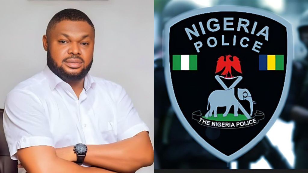 A portrait of activist Harrison Gwamnishu wearing a white shirt beside a close-up image of the Nigeria Police Force emblem.