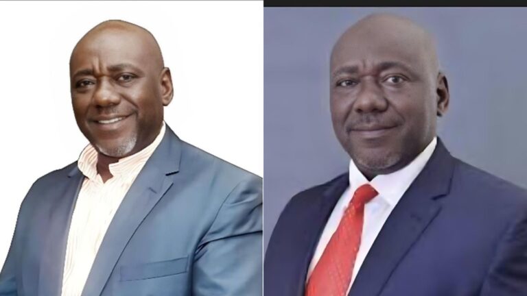 Side-by-side portraits of a middle-aged man wearing a suit. The left image shows him smiling in a blue jacket and light shirt, while the right image shows him in a dark suit with a red tie against a plain background.