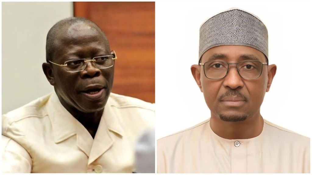 A split-panel image featuring two prominent Nigerian political figures. On the left is Senator Adams Oshiomhole, a former governor, wearing his signature khaki safari suit and a newsboy cap, appearing animated and smiling. On the right is Farouk Ahmed, the outgoing CEO of the NMDPRA, in formal traditional attire, including a light-colored cap, looking toward the camera with a neutral expression.