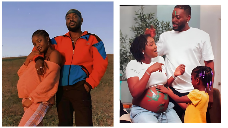Split-image collage of Nigerian singers Adekunle Gold and Simi with their family—left: Adekunle Gold in a colorful orange-blue jacket and green headband hugging Simi in an orange off-shoulder top outdoors against a sunset sky; right: Simi (pregnant with painted handprints on her belly) in a white crop top, Adekunle in a white T-shirt, and their young daughter Déjà in a yellow top touching her mother's belly indoors.